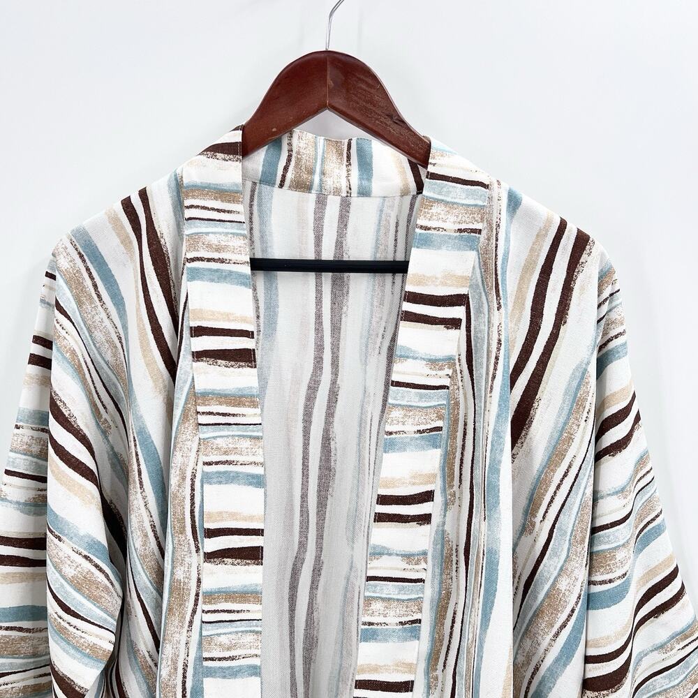 Vintage Custom OOAK Blue Brown Striped Linen Kimono Cardigan Jacket - Picture 2 of 6